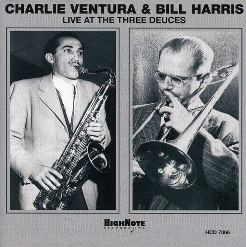 Black and white CD cover featuring Charlie Ventura and Bill Harris with instruments.