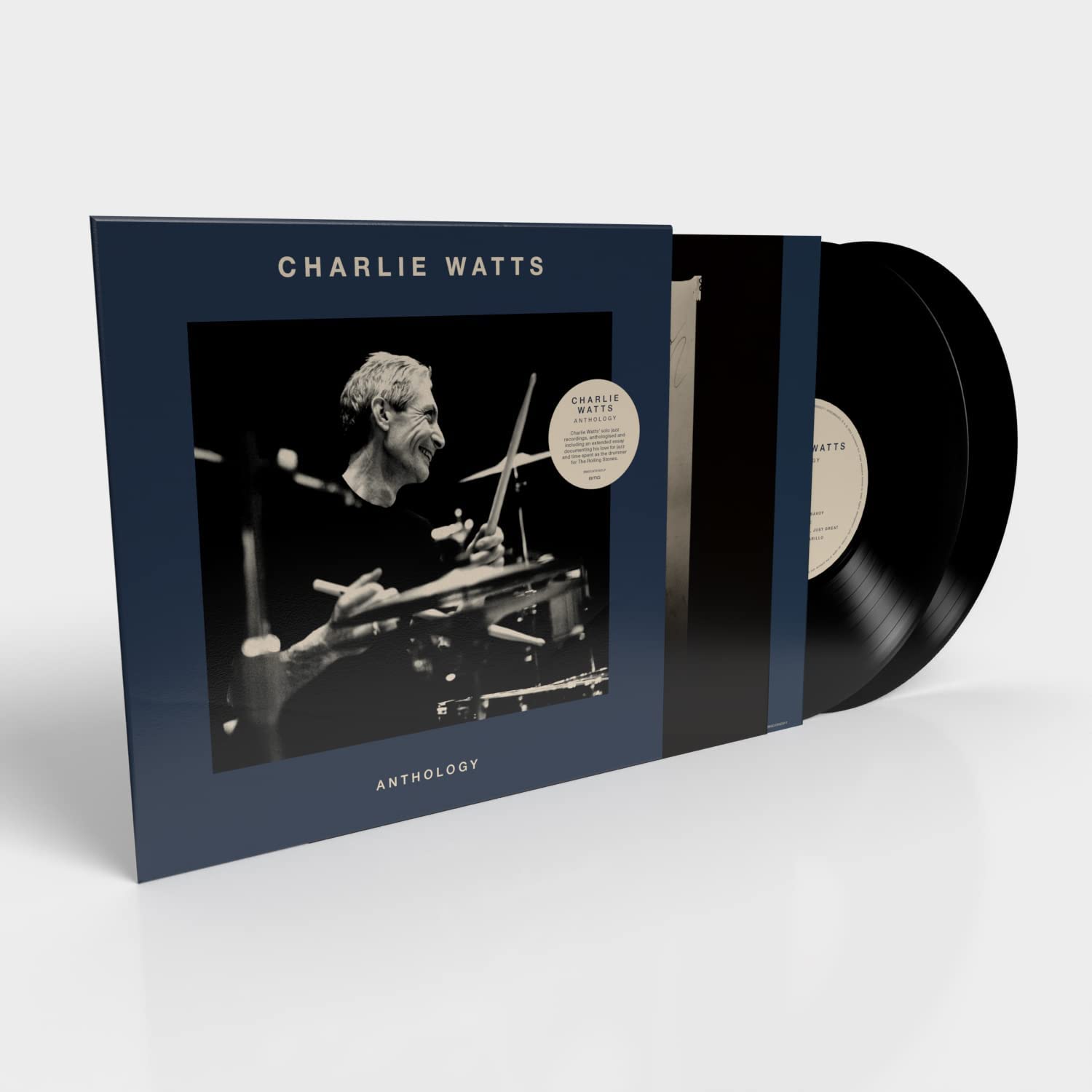 "Charlie Watts Anthology vinyl record set with blue cover and black vinyl records."
