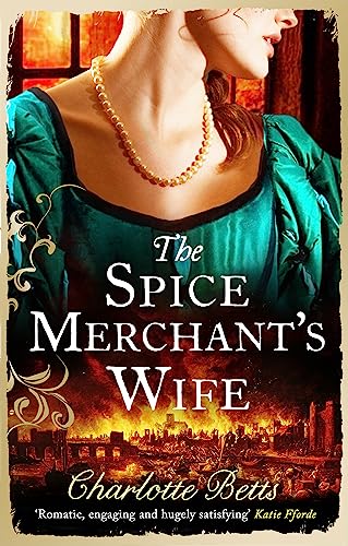 Book cover: woman in teal dress, city skyline, title “The Spice Merchant’s Wife”.