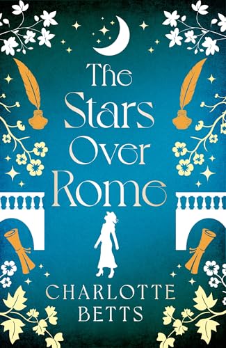 Book cover with a crescent moon, floral designs, and a silhouetted figure.