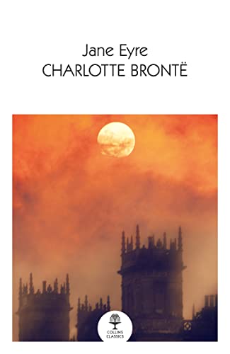 Book cover for "Jane Eyre" with a castle silhouette and full moon.