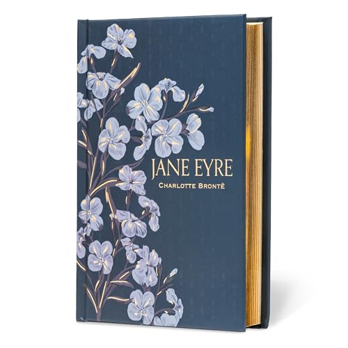 Hardcover book titled Jane Eyre with blue cover, floral illustrations, and gold-gilded page edges.