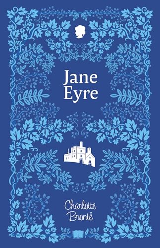 Blue book cover for "Jane Eyre" with floral design and castle illustration.