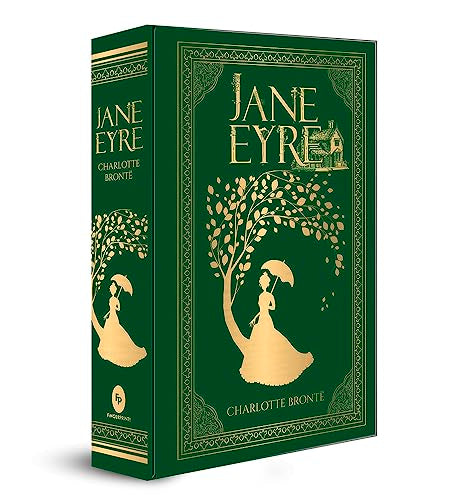 Green book cover of Jane Eyre with gold foil illustration of a woman.