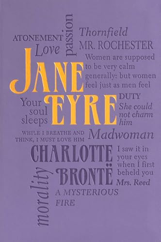 Purple book cover featuring the title Jane Eyre in yellow text surrounded by quotes.