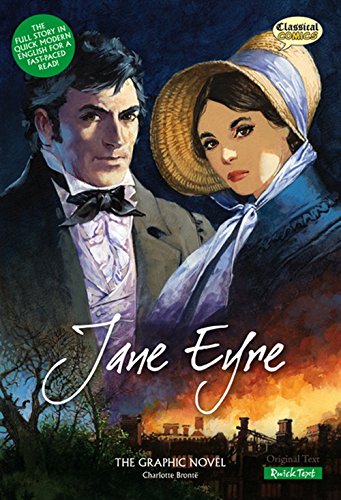 Book cover illustration featuring Jane Eyre and Mr. Rochester with a burning building below.