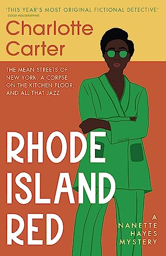 Book cover: illustrated woman in green suit, bold red title "Rhode Island Red".