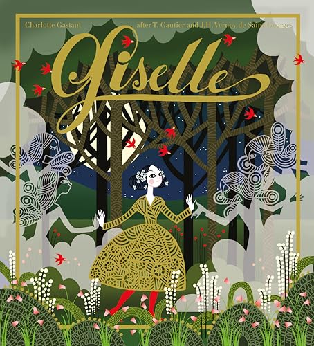 Book cover illustration of a girl in a patterned dress surrounded by forest spirits.