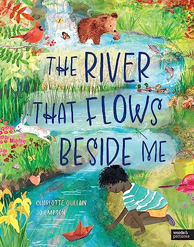 A child plays with a paper boat by a river with a bear and wildlife.