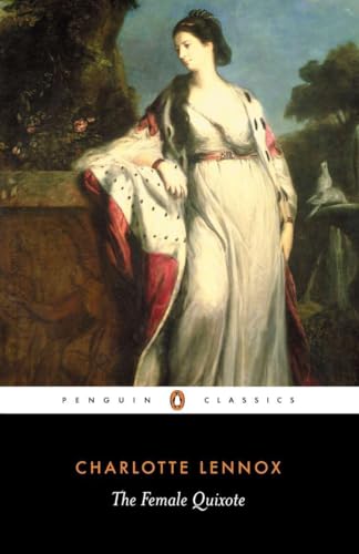 Book cover: painting of a woman in a flowing dress, "The Female Quixote.