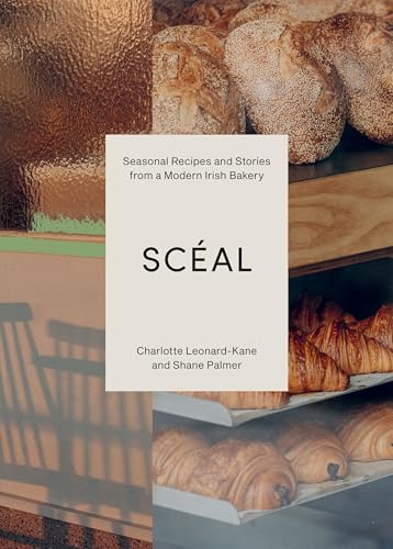 Book cover titled Scéal showing crusty loaves of bread and croissants on bakery shelves.