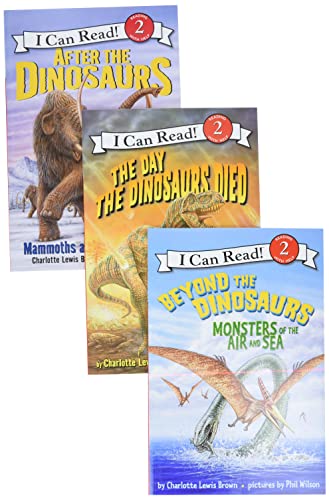 Three children’s books about dinosaurs and prehistoric creatures stacked together.