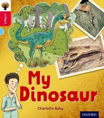 Book cover: a green dinosaur, photos, and a boy looking thoughtfully.
