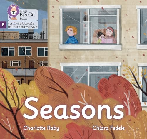 Children’s book cover, “Seasons,” with autumn leaves and a building scene.