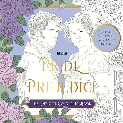 “Pride & Prejudice” colouring book cover with portraits and floral designs.