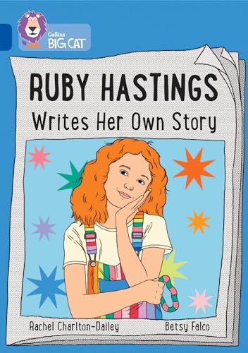 Book cover: girl with red hair writing, colorful stars, blue background.