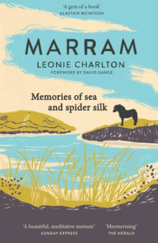 Book cover: "Marram" with coastal landscape and a horse silhouette.