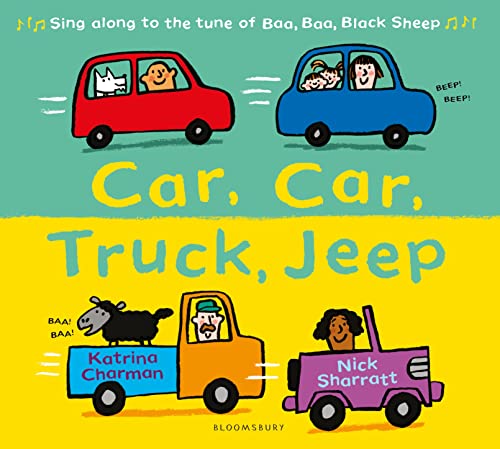 Children's book cover featuring a red car, blue car, orange truck, and purple jeep.