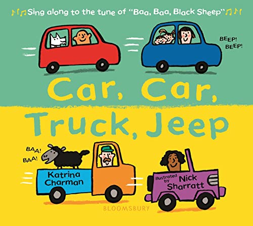 Book cover with colorful cartoon vehicles and children, titled "Car, Car, Truck, Jeep.