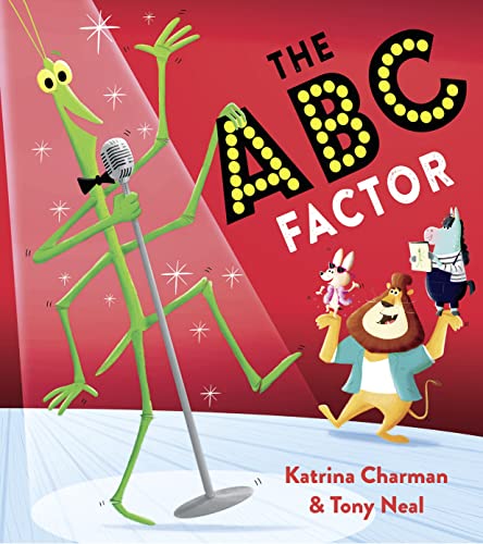 Book cover with cartoon animals, a singing grasshopper, and large alphabet letters.