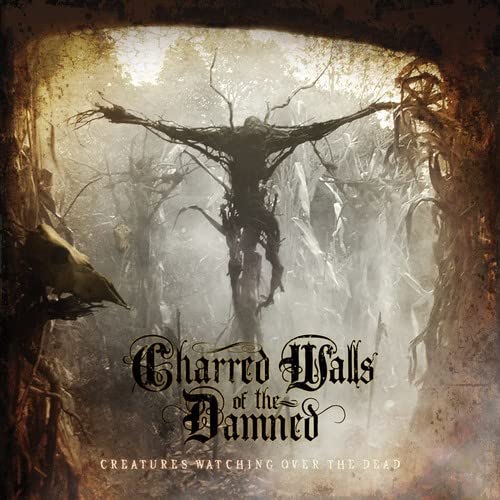 Dark forest scene with a skeletal figure and band logo.