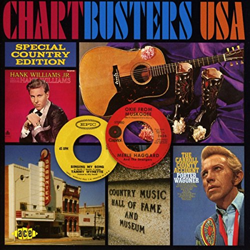 "CD cover with images of guitars, vinyl records, and country musicians."