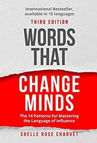 Book cover for Words That Change Minds with torn paper effect and red background.