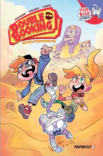Cartoon book cover with two kids, a mummy cat, and desert background.