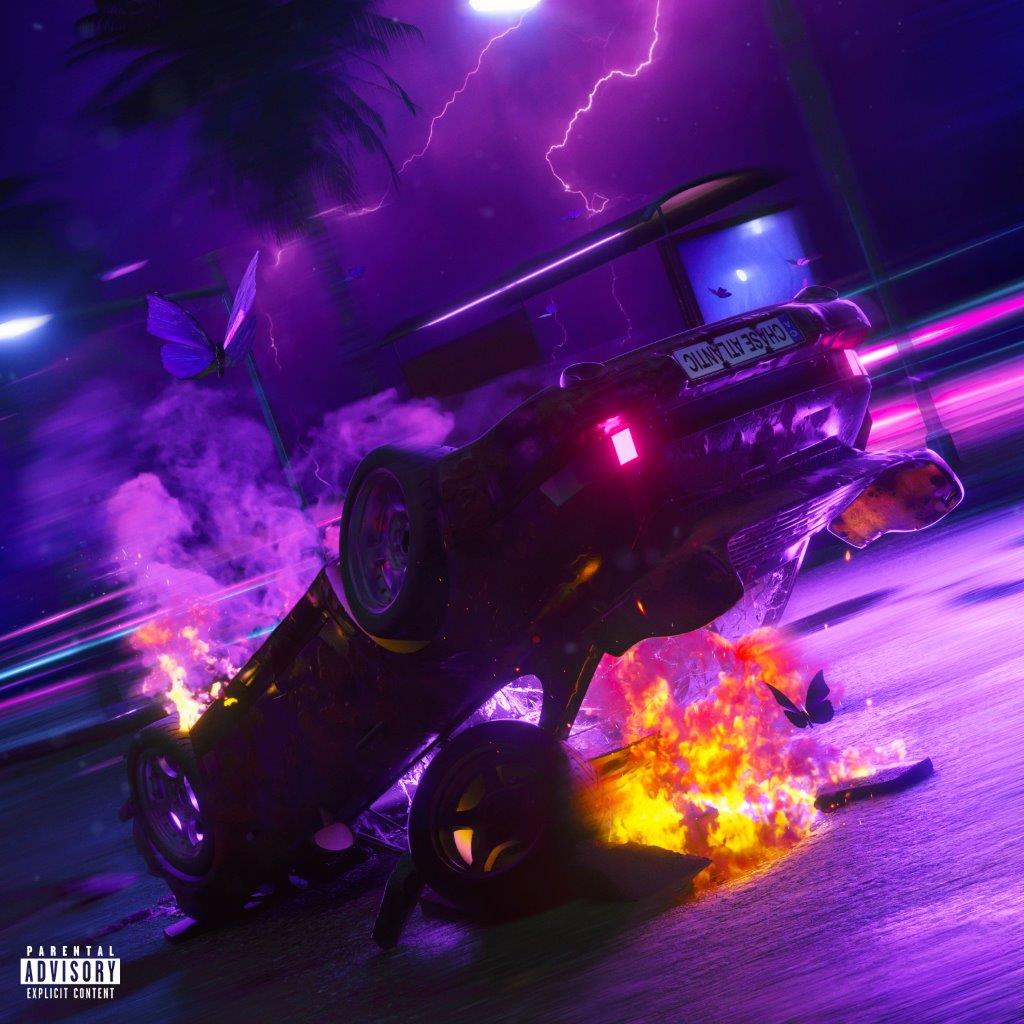 A car upside down on fire against a purple neon night background with butterflies.
