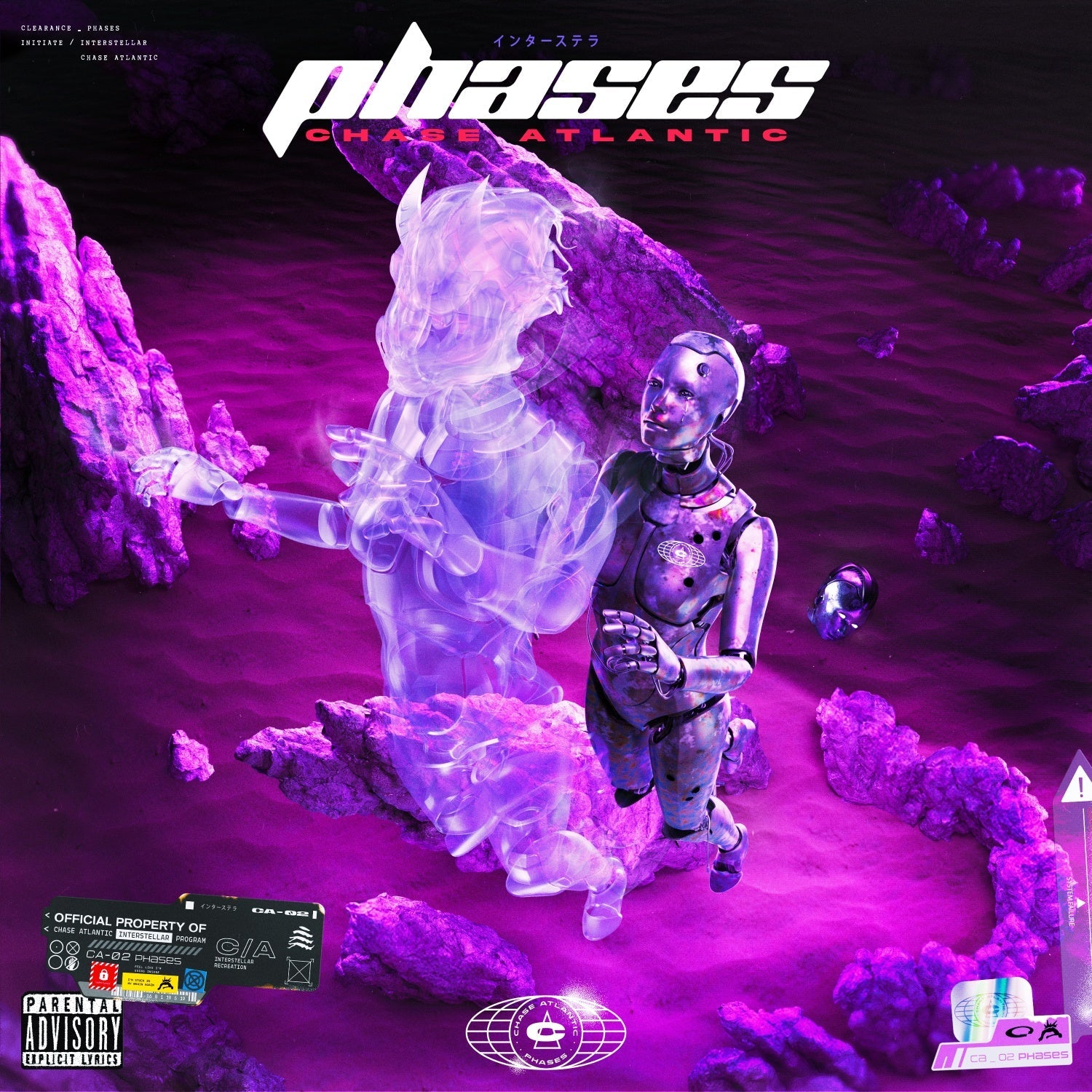 Chase Atlantic’s “PHASES” album cover: a cyborg woman in a purple landscape.