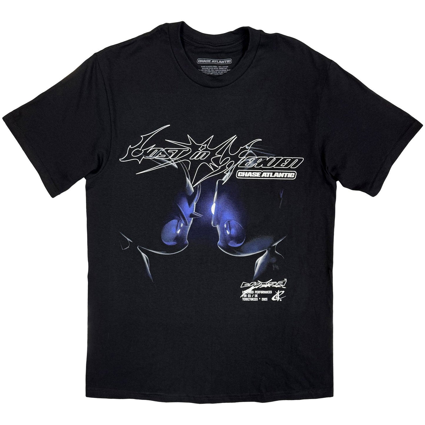 Black t-shirt with graphic of two faces and “Chase Atlantic” text.
