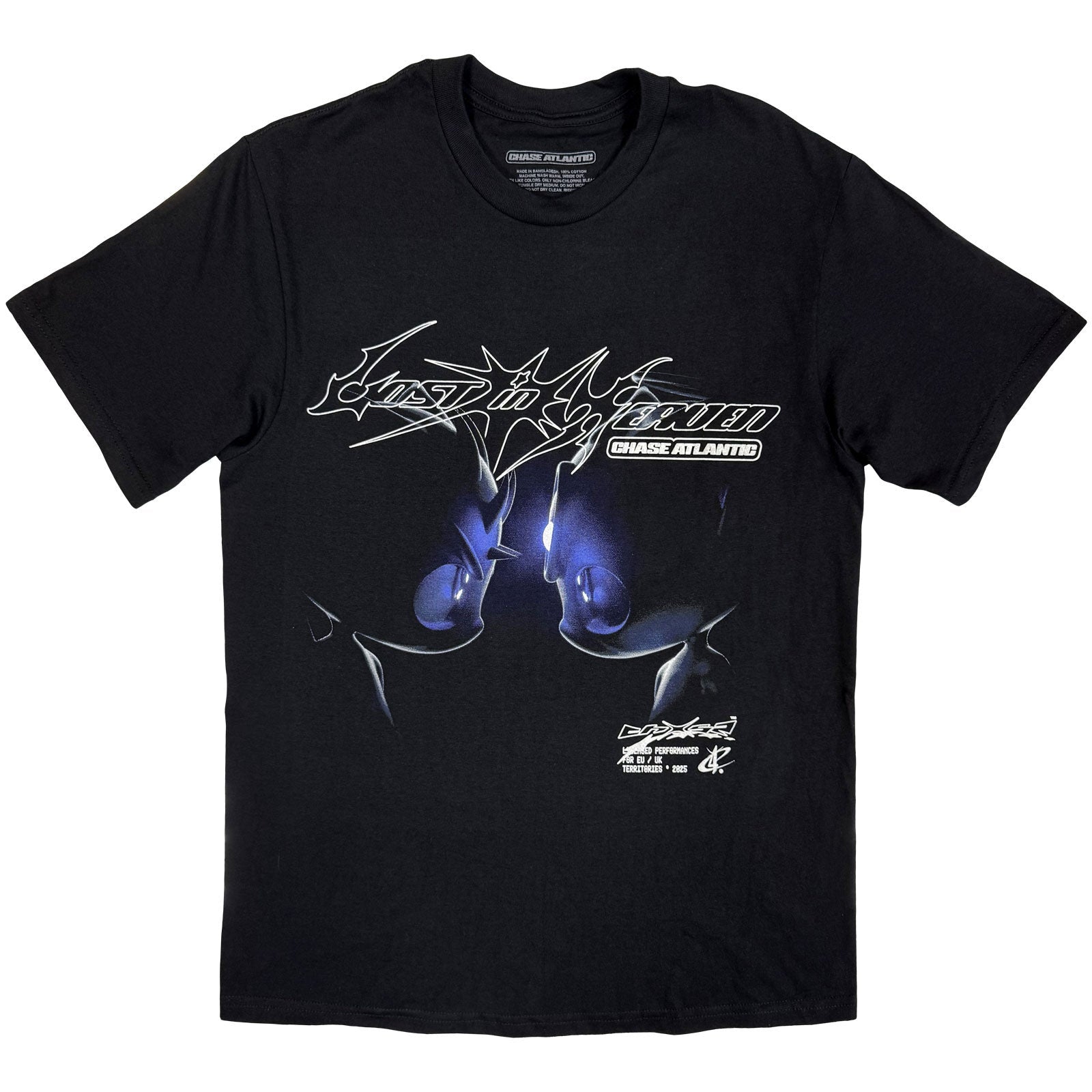 Black t-shirt with graphic of two faces and “Chase Atlantic” text.