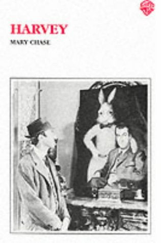 Book cover for Harvey by Mary Chase featuring a man looking at a rabbit painting.
