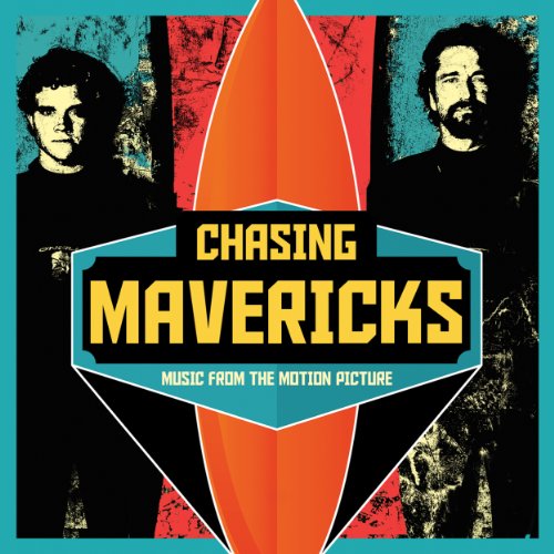CD cover for “Chasing Mavericks” featuring two surfers and a surfboard.