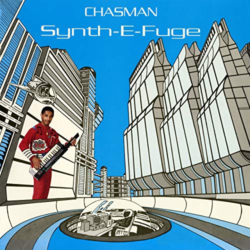 Album cover for "Synth-E-Fuge" featuring a man with a keytar in a futuristic city.