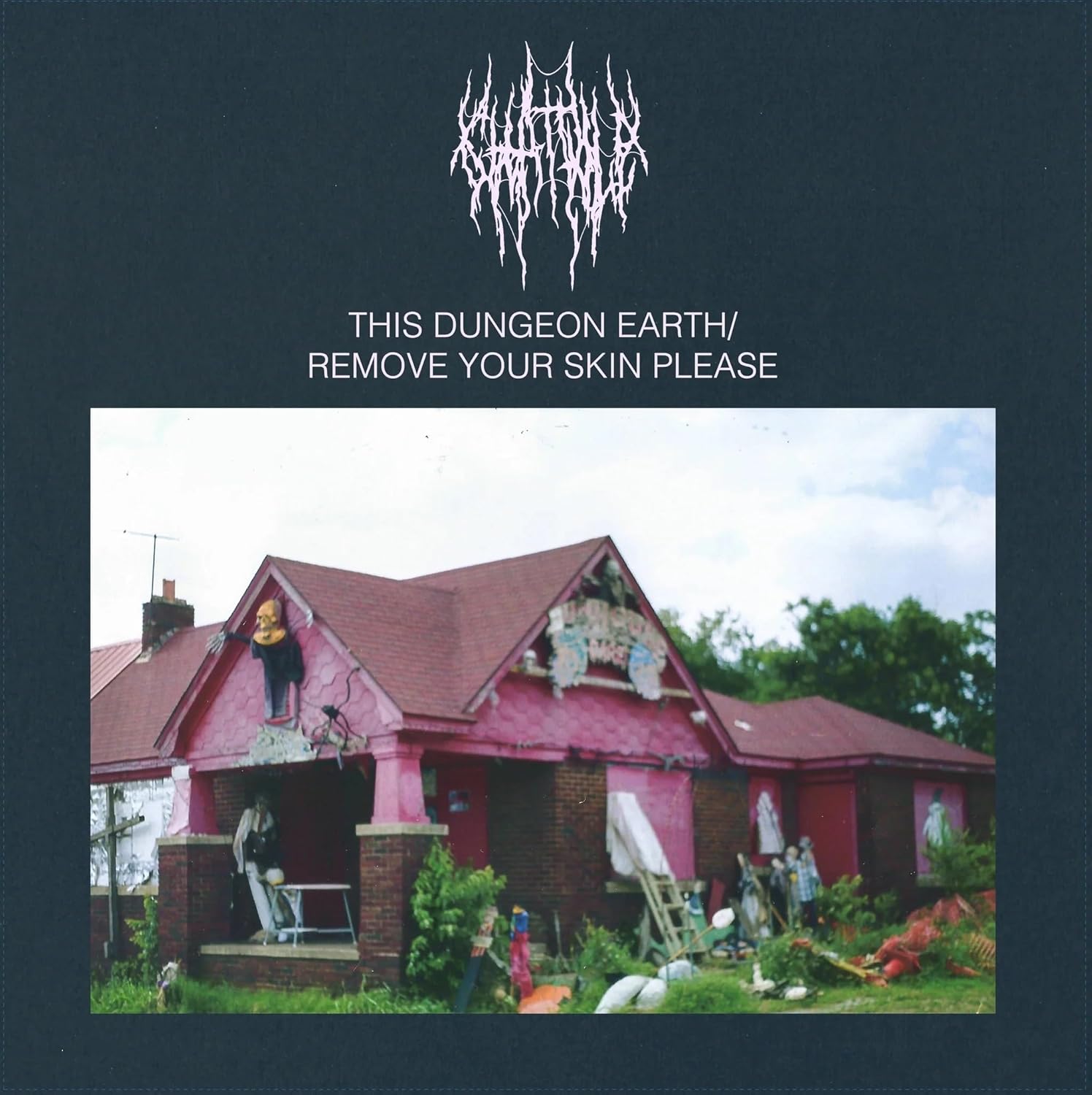 CD cover featuring a dilapidated pink house under a cloudy sky.