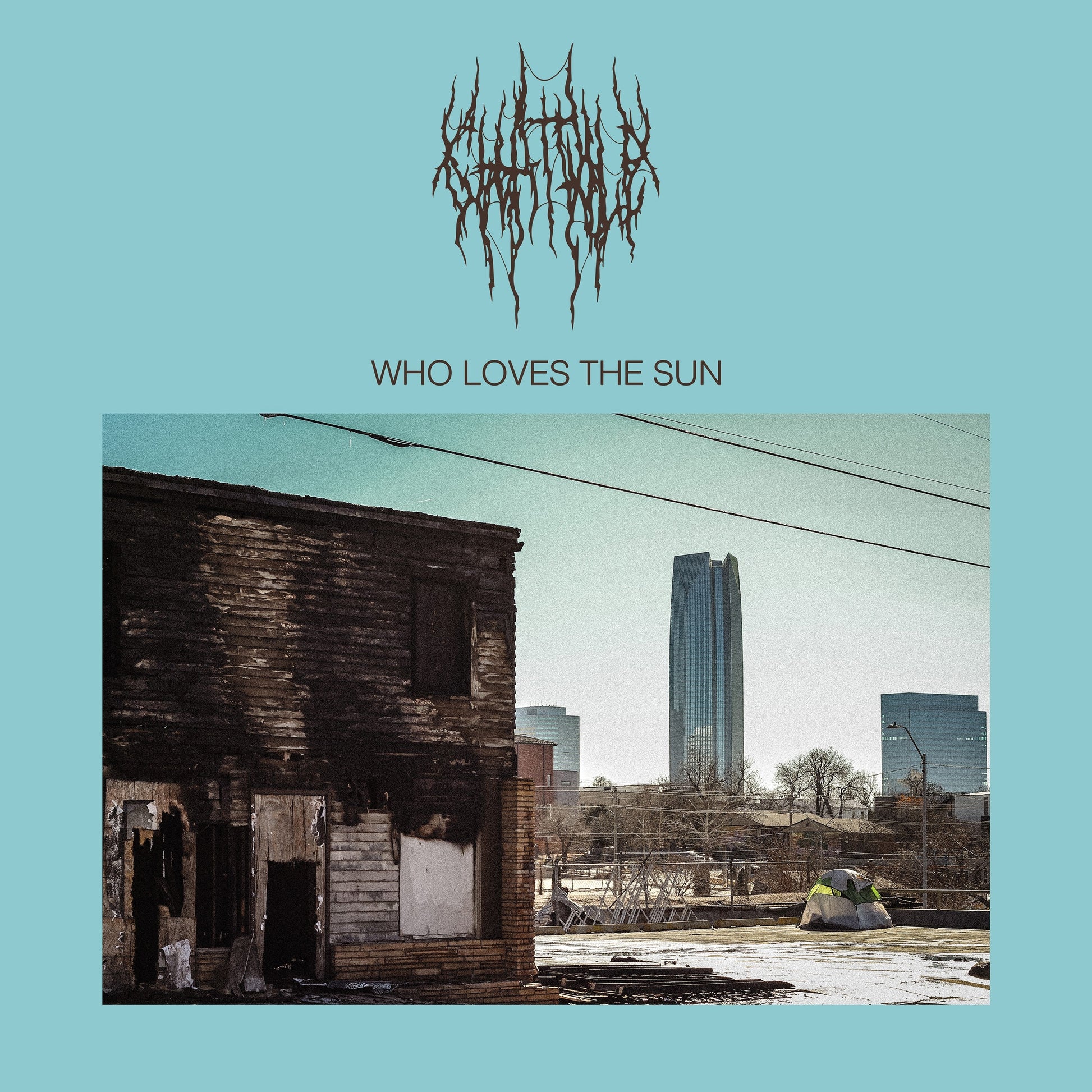 CD cover: dilapidated building, cityscape, and tent under a cloudy sky.