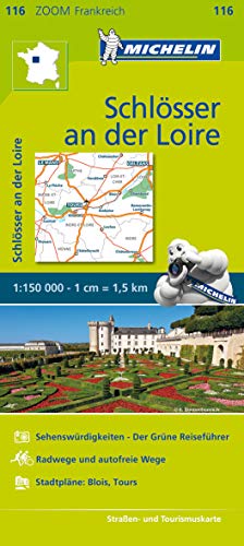 Michelin map of Loire Valley chateaux with roads, landmarks, and a castle image.