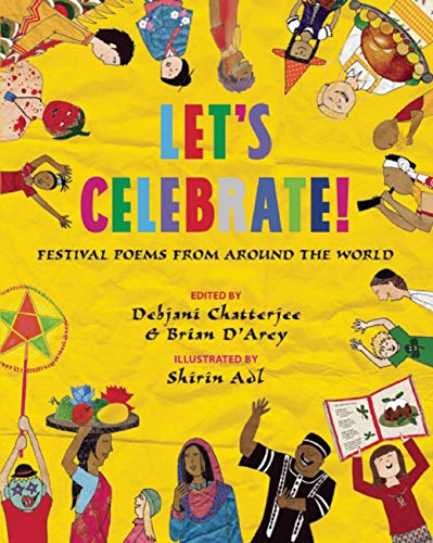 Yellow book cover with colorful text and illustrations of diverse people celebrating festivals.