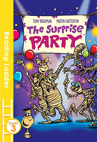 Book cover: "The Surprise Party" with cartoon mummies and balloons.
