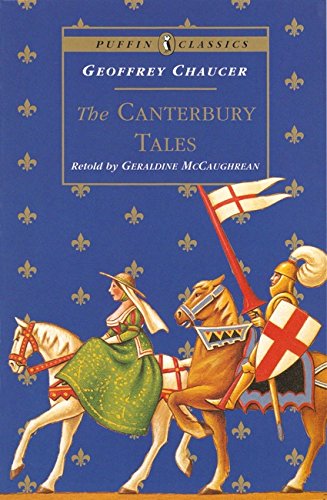 Book cover of “The Canterbury Tales” with medieval knights on horseback.