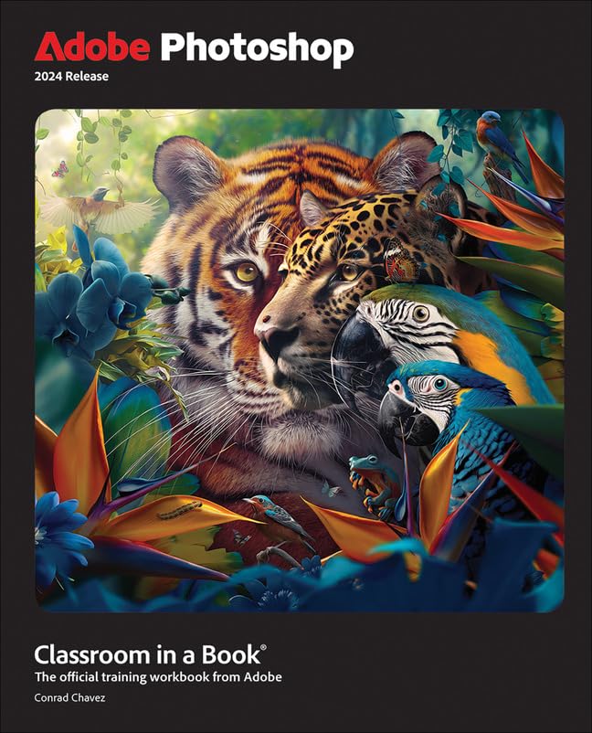 Photoshop 2024 training workbook cover with tiger, parrots, and foliage.