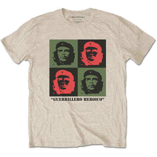 Beige t-shirt with repeating portrait of Che Guevara in red and green blocks.