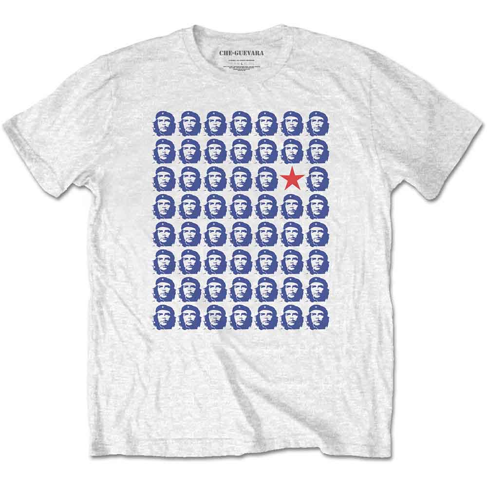 White t-shirt with repeating blue Che Guevara portraits and a red star.