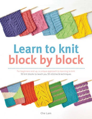 Book cover featuring colorful knitted squares and the title "Learn to knit block by block".
