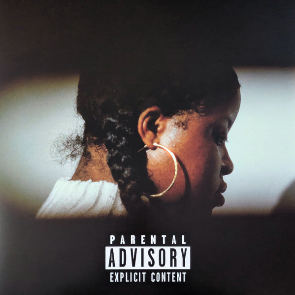 Profile of a young Black woman with hoop earrings, parental advisory label.