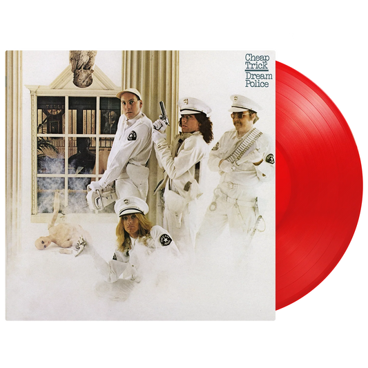 Dream Police" vinyl record cover featuring band members in white uniforms, red disc.