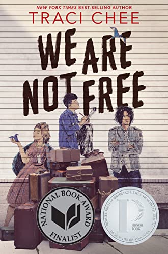 Book cover with three young people amongst stacked vintage suitcases.
