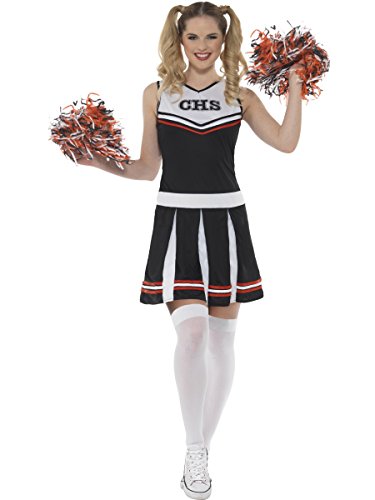 Black and white cheerleader costume with red and orange pom-poms.