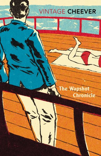 A man in a blue jacket looks at a woman sunbathing on a deck.